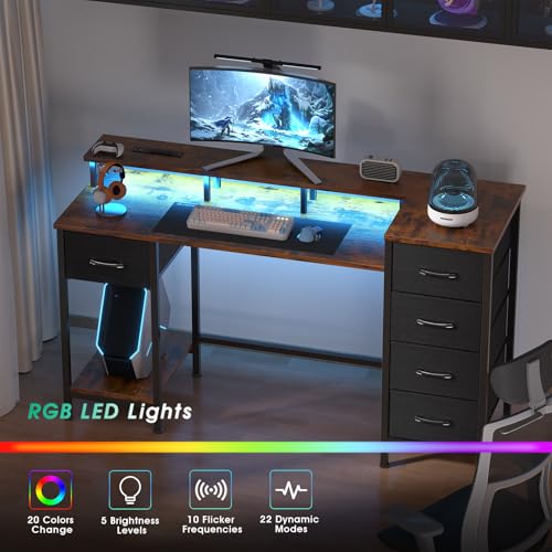 Korfile 47 Inch Computer Desk with Power Outlets,LED,5 Drawers,Rustic Brown - color: Rustic Brown, size: 47 Inch