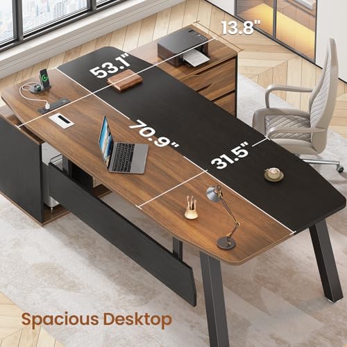 SEDETA 71" L Shaped Executive Desk with File Cabinet & Power Outlet | Computer Desk with 3 Storage Drawers, Adjustable Shelves, CPU Stand, Privacy Baffle, Modern Desk for Home Office, Walnut - color: Walnut