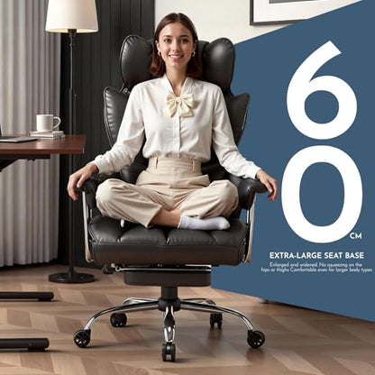 Efomao Big and Tall Office Chair with Foot Rest 400LBS, PU Leather Computer Chair, Heavy Duty Executive Office Chair with Lumbar Support, Black Home Office Chairs | 400lbs support, 135° recline, dual-layer foam cushion, 23.5" seat & footrest. BIFMA - colo