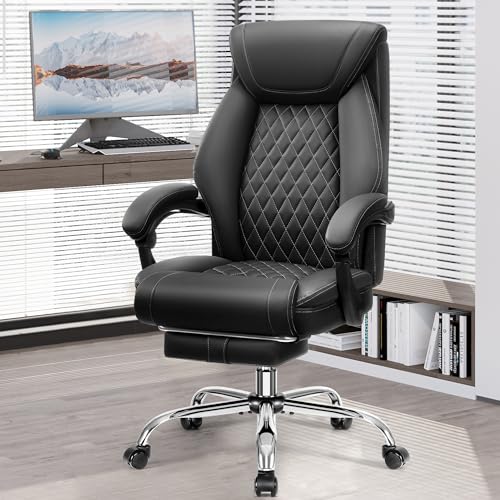 Office Chair, Executive Leather Chair Adjustable High Back, Ergonomic Computer Desk Chair Lumbar Support, Big and Tall Office Chair with Footrest, Comfy Reclining Chair for Home Office - color: Black, style: With Footrest