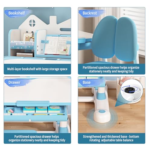 Kids Desk and Chair Set- 3-12 Height Adjustable Ergonomic Art Desk | School Study Desk, 50° Tiltable Desktop, Easy-Turn Crank, Storage Drawer & Built-in Bookstand for Children Boys & Girls - color: 015-blue-31.5in
