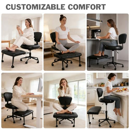Ergonomic Cross Legged Office Chair with Footrest, 360° Swivel Height Adjustable PU Criss Cross Chair, Wide Seat & Back Support for Home Office, ADHD, Black - color: Black