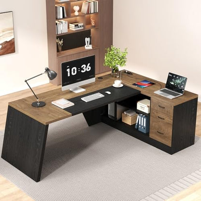L-Shaped Executive Desk with Drawer, Oak Black | 78Inch Large Home Office Desk, Large Modern Home Office Desk, Big Wooden Business Furniture for CEO Boss - color: Oak