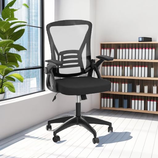 naspaluro Home Office Desk Chair Mid Back with Adjustable Height Dark Black | Comfy Ergonomic Chair with Flip-Up Arm and Lumbar Support, Breathable Mesh Swivel Computer Chair for Study Working Teacher - color: Dark Black