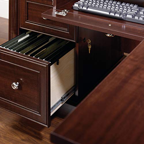 Sauder Palladia L Shaped Desk with Drawers, Office Desk with File Cabinet Storage, Cable Management, Keyboard Tray, in Select Cherry finish - color: Select Cherry