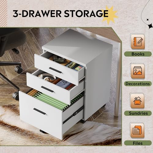 DEVAISE 3 Drawer File Cabinet for Home Office, Wood Under Desk Filing Cabinet, Rolling Printer Stand with Wheels, White - color: White, size: 15.7"D x 18.1"W x 25.6"H