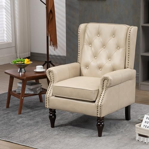 Mid-Century Wingback Chair, PU Leather Accent Chair with Buttons, Modern Living Room Lounge Sofa Chair with Rivet Decoration,Single Club Armchair for Bedroom Home Reception(PU Camel) - color: Pu Camel