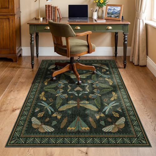 Dark Green Insert Office Chair Mat for Hardwood & Tile Floors, 36" x 48" Decorative Desk Chair Rug, Vintage Low Pile Washable Carpet for Home Office, Non Slip Rubber Backing - color: Insect - Forest Green, size: 3' x 4'