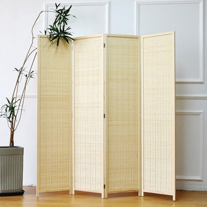 4 Panel Bamboo Room Divider - 5.6 ft Tall Folding Privacy Screen, Natural Beige Freestanding Partition Wall for Home Office & Room Separation (67" H x 61.4" W) - color: Beige, size: 4 Panel