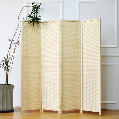 Furnnylane 4 Panel Bamboo Room Divider - 5.6 ft Tall Folding Privacy Screen, Natural Beige Freestanding Partition Wall for Home Office & Room Separation (67" H x 61.4" W) - color: Beige, size: 4 Panel