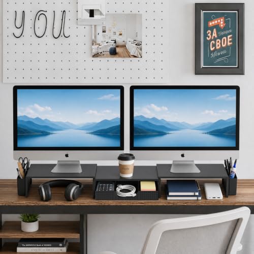 LEKETREE Dual Monitor Stand Riser with Drawer and 2 Pen Holders, Black - color: Black