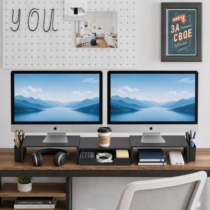 LEKETREE Dual Monitor Stand Riser with Drawer and 2 Pen Holders, Black - color: Black