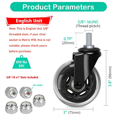Hirate 3 inch Office Chair Casters Wheel with 3/8"-16UNC Threaded Stem | Set of 5 with Nylon Nuts, Heavy Duty, Desk Gaming Chair Caster Replacement, Smooth & Quiet Rolling for Hardwood Floors - size: 3 inches