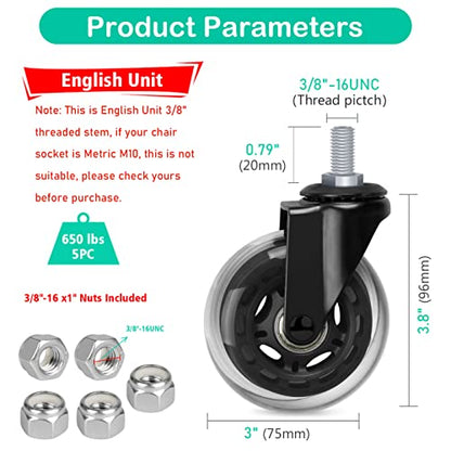 Hirate 3 inch Office Chair Casters Wheel with 3/8"-16UNC Threaded Stem | Set of 5 with Nylon Nuts, Heavy Duty, Desk Gaming Chair Caster Replacement, Smooth & Quiet Rolling for Hardwood Floors - size: 3 inches