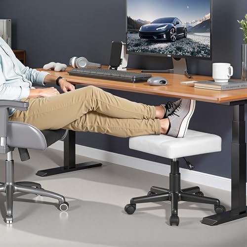 VECELO Under Desk Footrest, PU Ergonomic Foot Rest with Wheels, Comfort Padding, Height Adjustable for Relieving Leg Pain, Stiffness, and etc, White - color: White