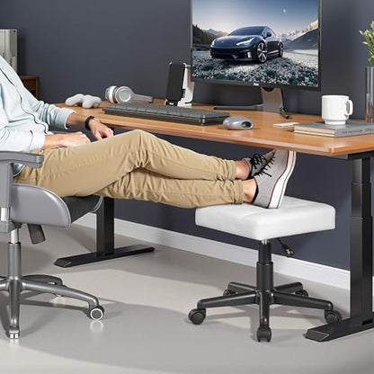 VECELO Under Desk Footrest, PU Ergonomic Foot Rest with Wheels, Comfort Padding, Height Adjustable for Relieving Leg Pain, Stiffness, and etc, White - color: White