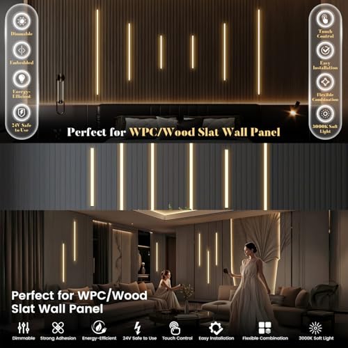 6-Lights LED Recessed Lighting Wall Panel Lights,Self-Adhesive Wood Slat Wall Panel Strip Light,4000K Touchable Switch Dimmable LED Aluminum Channel lamp,Under Cabinet Light(39in+31.5in+23.6in) - color: 6-Lights