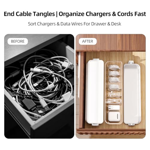 2 Pack Cable Organizer Box with Lid, Charge Cord Storage Organizer | Stackable Cable Storage Box, Fixed Dividers, No Cable Ties, Clear Dustproof Wire Management for Home Office Electronics