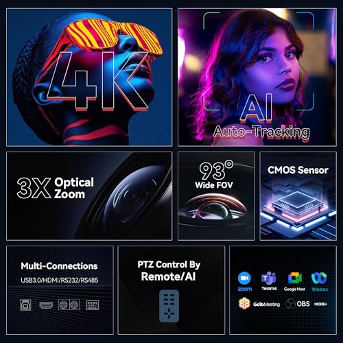 TONGVEO 4K Conference Room PTZ Camera AI Auto Tracking 3X Optical Zoom HDMI/USB3.0 Wide-Angle Video Conference Camera for Church Worship Live Streaming Meeting with Zoom YouTube OBS and More - color: Black