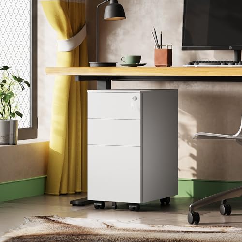 DEVAISE 3 Drawer Slim File Cabinet with Lock, Fully Assembled | Under Desk Metal Filing Cabinet with Wheels for Home Office, Fits Legal/Letter/A4 File, - White - color: White, size: Narrow 17"D x 12"W x 24"H