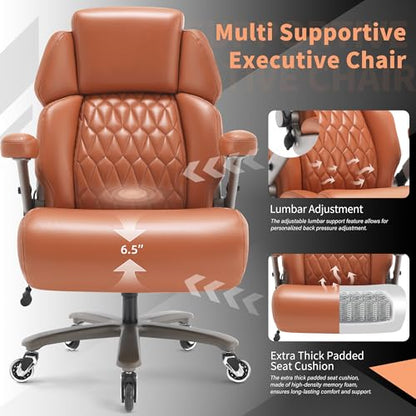 Big and Tall Office Chair 700lbs, Ergonomic High Back Computer Desk Chair | Adjustable Headrest&Lumbar Support, 3D Flip Arms, Large Wheels, Heavy Duty Metal Base, Thick Padded Wide Seat Executive Chair - color: Gold Brown