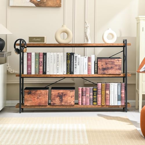 HCHQHS Bookshelf, 3-Tier Long Industrial Bookcase, Rustic Open Book Shelf, Freestanding Horizontal Bookshelves with Metal Frame - color: Rustic Brown, size: 3-Tier (56.7"W x 35.8"H)