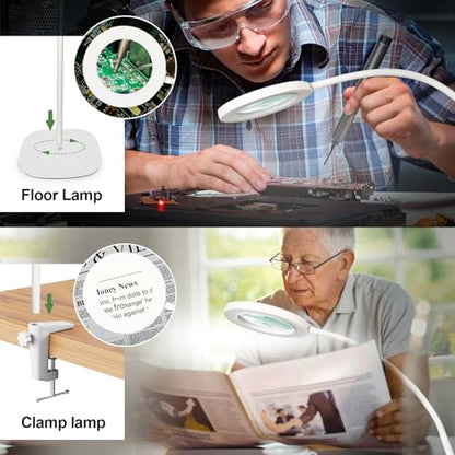 HITTI 10X & 30X Floor Magnifying Glass with Light, Standing Mag Lamp for Close Work, Esthetician, Jewellery, Crafts, Lash, Adjustable Color Modes and Flexible Gooseneck LED Lighted Magnifier(White)