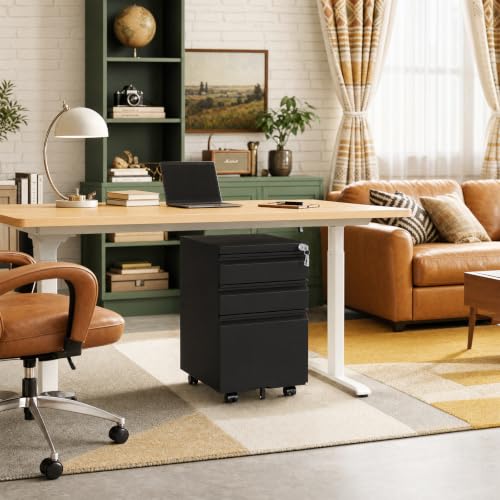 3 Drawer Small Under Desk Rolling File Cabinet with Lock for Home Office | Fully Assembled,Central Locking System,Metal,Pencil Tray,Hanging File Bar,Anti-Tipping Caster - color: Black