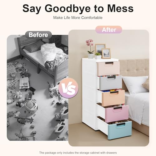 Narrow Storage Cabinet, Slim Drawer Organizer, 5 Drawer Storage Cabinet, Plastic Storage Tower With Wheels, Space Saving Organizer For Bedroom Closet Bathroom Kitchen Office, Stackable Design