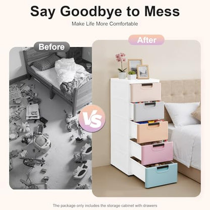 Narrow Storage Cabinet, Slim Drawer Organizer, 5 Drawer Storage Cabinet, Plastic Storage Tower With Wheels, Space Saving Organizer For Bedroom Closet Bathroom Kitchen Office, Stackable Design