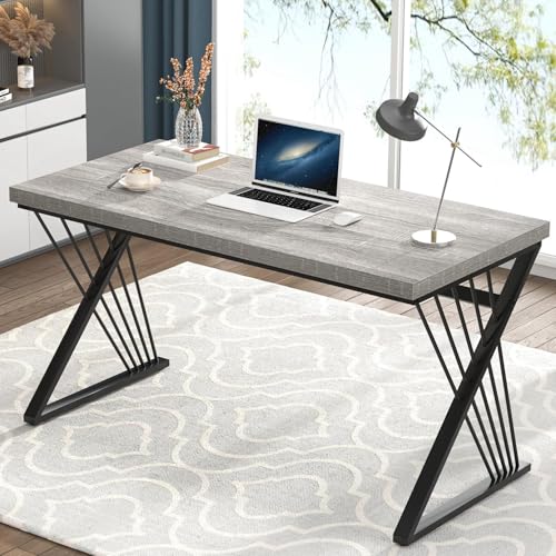 Modern Desk, Rustic Wood and Metal Computer Desk for Home Office, Simple Study Writing Gaming Table for Bedroom Living Room, Light Grey, 53 Inch - color: Light Grey, size: 53 Inch