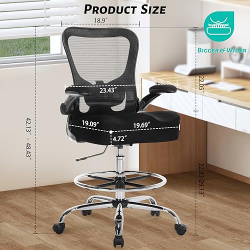 500LBS Ergonomic Drafting Chair Tall Office Chair for Counter Height or Standing Desk, Executive High Office Chairs with W-Shaped Thick Seat Cushion, Footrest Ring & Breathable Fabric, Black - color: Black