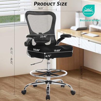 500LBS Ergonomic Drafting Chair Tall Office Chair for Counter Height or Standing Desk, Executive High Office Chairs with W-Shaped Thick Seat Cushion, Footrest Ring & Breathable Fabric, Black - color: Black