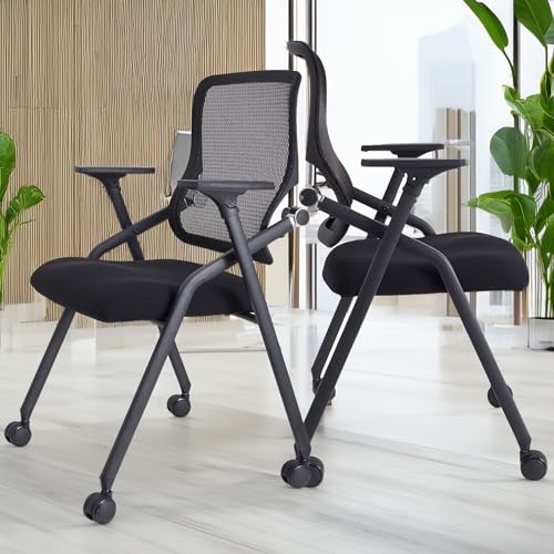 Updated Conference Room Chairs, Folding Office Desk Chair with Lumbar Support and Sliding Armrest with Casters, Stackable Office Guest Chairs & Reception Chairs, 20 Pack Black - color: Black, size: 20 Pack