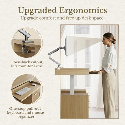 59 Inch Electric Standing Desk with Drawers, Light Walnut | Executive Standing Desk with Keyboard Tray, 8 Storage Drawers, File Cabinet, AC/USB, Fluted Stand Up Desk with Privacy Panel