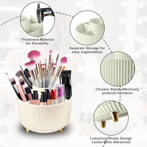 WILL OAK Makeup Brush Organiser - Large Compartment Cosmetic Organizer -Eyeliner, Nail Polish, Art Supply, Bathroom Vanity Desktop Organizer (Cream) - color: Cream