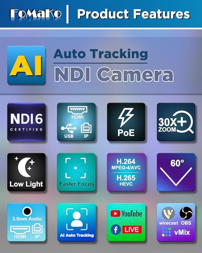FoMaKo NDI PTZ Camera,AI Auto-Tracking Gen 3, 30x Optical Zoom IP USB3.0 HDMI PTZ Camera for Church Services Worship Education (NDI 6 & NDI HX3 Certified) FMK30UH NDI-B (Black Color) - color: Flat Black