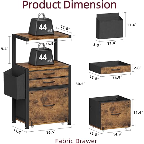 3-Drawer File Cabinet, Rustic Brown,16.5" W | Side Bag & File Drawer, A4/Letter Size Compatible, Vertical Printer Table, Storage for Home Office