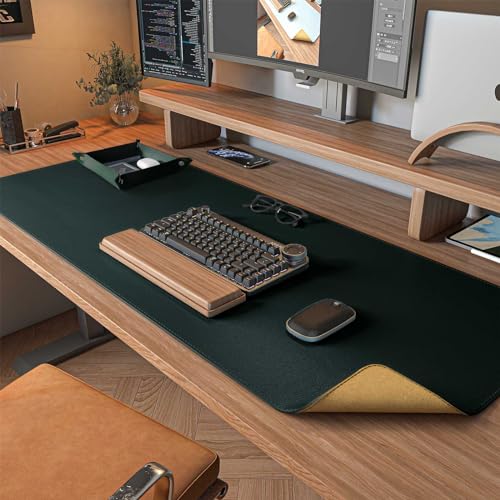 DAWNTREES Dark Green Desk Mat,Leather Desk Pad,35.5"x17",Cork Desk Mat Protector,with PU Leather Valet Tray Organizer,Large Mouse Pad,Desk Writing Pad for Office and Home - color: Dark Green, size: 35.5" x 17"