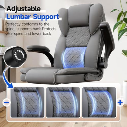 Ergonomic Executive PU Leather Office Chair with Lumbar Support, Home Office Desk Chair for Back Pain Relief, 135° Recline - color: Grey