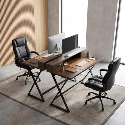 Manora Computer Desk with Drawers and Monitor Stand, 47" Home Office Desk with Storage Shelf, Rustic Brown Writing Study Table with Metal Frame for Bedroom, Workstation for Laptop PC