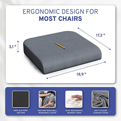 Seat Cushion Extra Large - Firm Memory Foam Chair Pad for Recliner, Wheelchair, Office Chair, Stadium, Bleacher, Car, Floor, Patio Furniture, Bariatric Overweight Users 19”x17”x3” - color: Grey