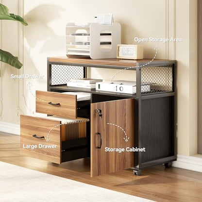 LITTLE TREE 55" Executive Computer Desk and Lateral File Cabinet, L-Shaped Office Desk with Storage for Home Office, Study Writing Workstation, Walnut + Black - color: Walnut+black