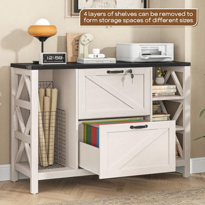 Halitaa 44" Farmhouse Lateral File Cabinet with 2 Drawers, White and Black | Filing Cabinet with Lock for Legal/A4/Letter, Wooden Printer Stand Office Furniture with Adjustable Shelves for Home Office - color: Simple White and Black