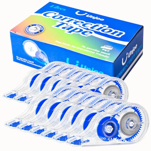 Unjoo White Correction Tape, For school, Office, 12pack, 5M/196"x0.2",Blue | Easy To Use Applicator for Instant Corrections Wrong Writing At Any Time, Tear-Resistant Correction tape Bulk - color: Blue
