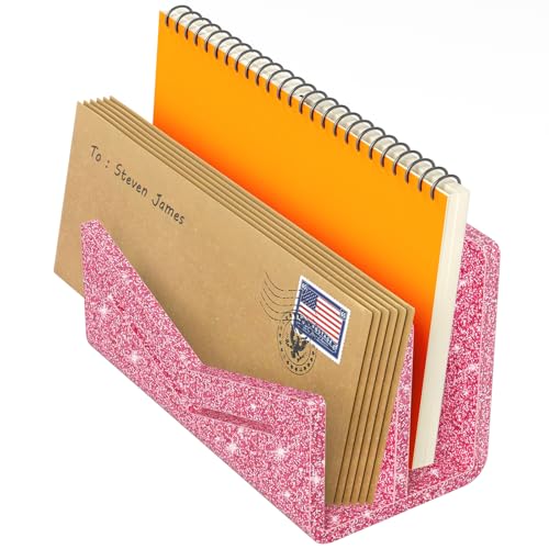 Beego Envelope and Mail Organizer Countertop - 2 Compartments Glitter Pink Acrylic Desk Organizer Letter Holder Desktop File Sorter Bill Document Folder Rack for Office, Home, School - color: Glitter Pink, size: 2 Compartments