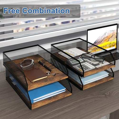 Natwind 4-Tier Stackable Metal Mesh Paper Organizer with Sliding Tray,Retro | Wooden Desk Organizer, Letter Tray For Desktop,File Holder For Home Office School Classroom Organization - size: 4 Tier