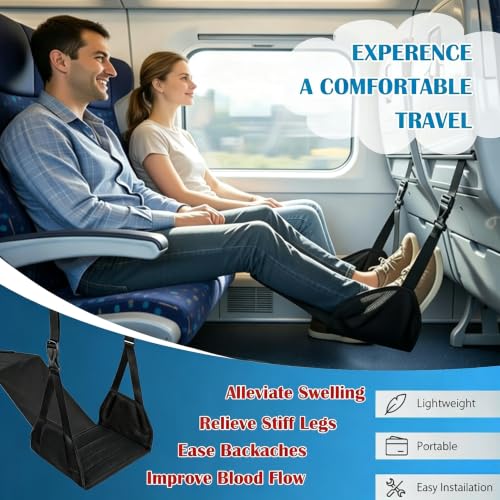 Portable Airplane Foot Hammock, Height Adjustable Feet & Leg Rest for Plane Travel, Office, Desk, Bus, Train, Long Trip (Black)