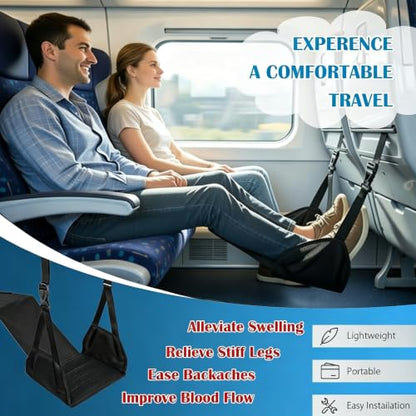 Portable Airplane Foot Hammock, Height Adjustable Feet & Leg Rest for Plane Travel, Office, Desk, Bus, Train, Long Trip (Black)