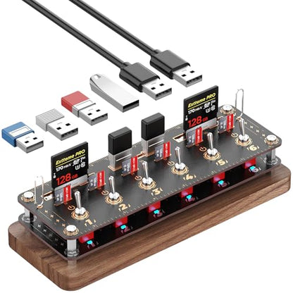 Walnut Cyberpunk USB Docking Station for Independent Switch Control, 6 Port USB2.0 Hub,USB Splitter Expander,USB/SD/TF Card Storage Box,Retro USB Desktop PC Controller-F062